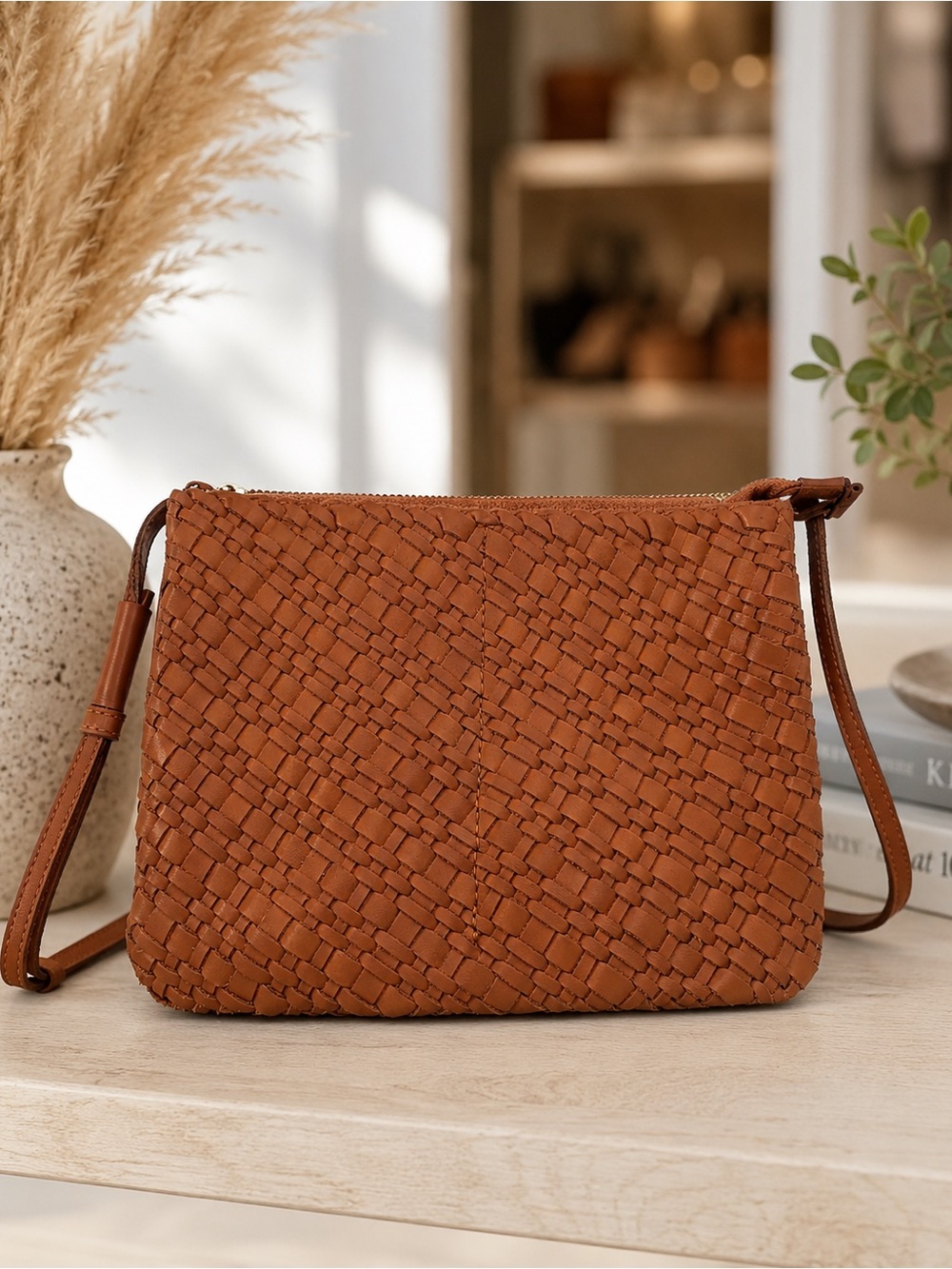 Madewell Cognac Woven Leather Crossbody Purse